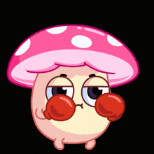 a cartoon mushroom with red boxing gloves on his face