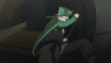 a chameleon is holding a sword in its mouth while sitting on a person 's lap .