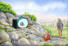 a painting of a woman kneeling down in front of a tomb