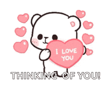 a teddy bear is holding a heart that says `` i love you '' surrounded by hearts .