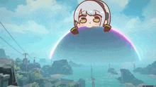 a cartoon of a girl sitting on top of a giant sphere