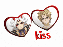 a couple of hearts with the word kiss on the bottom