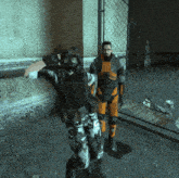 a man in a gas mask stands next to another man in an orange suit