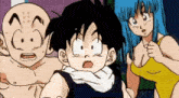 a group of cartoon characters are standing next to each other and one has a scarf around his neck