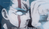 a close up of a person 's face with blood on it and the words `` i 'll take care of you here and now ''