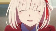 a close up of a girl with white hair and a red bow in her hair