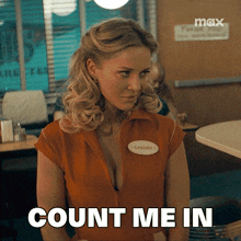 a woman with a name tag that says cassidy is sitting in a diner and says count me in