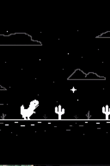 a pixel art of a t-rex running through a desert with cactus .