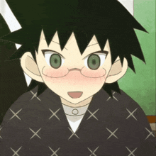 a close up of a cartoon character with glasses and black hair