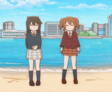two anime girls are standing on a beach with their arms outstretched