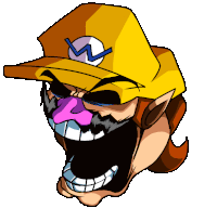 a cartoon drawing of wario wearing a yellow hat with a blue w on it