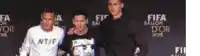 three soccer players are posing for a picture in front of a wall that says fifa ballon d' or