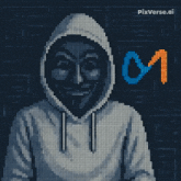 a pixel art of a man wearing a hoodie and a mask with pixverse.ai written on the bottom