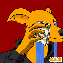 a cartoon of a dog crying while holding a one dollar bill