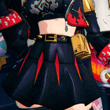a cartoon character is wearing a black and red skirt and a gold belt with the letter x on it