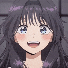 a close up of a girl 's face with purple hair