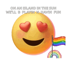 an animated smiley face with heart shaped eyes and a rainbow flag