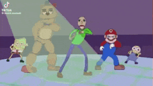 a cartoon of five nights at freddy 's , baldi , spongebob , and mario