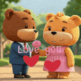 a teddy bear is giving a flower to another teddy bear who is holding a heart