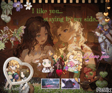 a collage of anime characters with the words " i like you staying by my side " on top