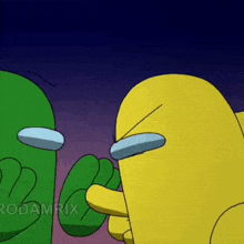 a green and a yellow among us character are standing next to each other and talking to each other .