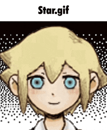 a cartoon character with yellow hair and blue eyes is smiling and looking at the camera .