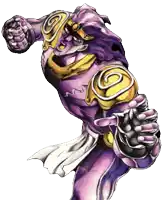 a cartoon character with a purple and gold outfit has a swirl on his arm