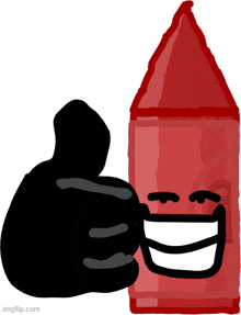 a black hand is giving a thumbs up next to a red crayon