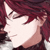 a close up of a anime character with red hair