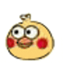 a cartoon chicken with big eyes and red cheeks is looking at the camera on a white background .
