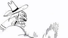a black and white drawing of a man in a cowboy hat holding something