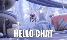 a person riding a bicycle in the air with the words hello chat written below them