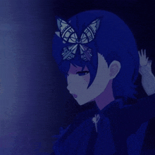 a girl with blue hair has a butterfly on her hair