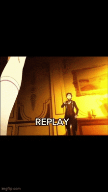 a man in a suit is standing in a room with the word replay on the bottom right