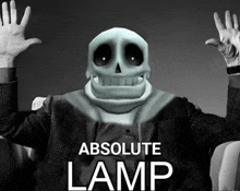a black and white photo of a skeleton with the words absolute lamp below him