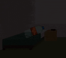 a cartoon drawing of a soda bottle laying on a bed in a dark room