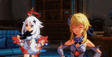 two anime girls are standing next to each other in a room