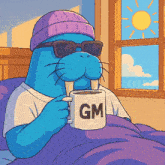 a cartoon drawing of a walrus holding a mug with the letter gm on it