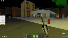 a screenshot of a video game shows a fire hydrant in front of a bank