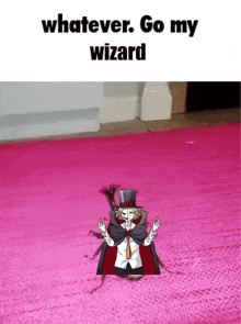 a picture of a wizard sitting on a pink rug