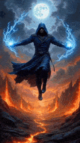 a man in a hooded robe is flying through the air holding lightning in his hands