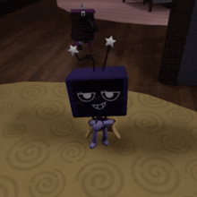 a cartoon character with a purple box on his head