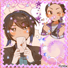 a picture of a boy holding an envelope with a picture of a girl in the background that says picmix