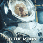 a man in a space suit with the words " to the moon " below him