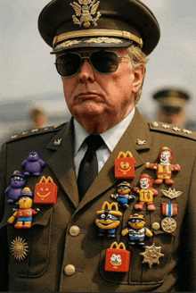 a man in a military uniform has a bunch of mcdonald 's toys pinned to his jacket