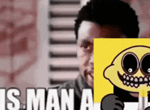 a man is holding a sign that says `` is man a '' behind his face .