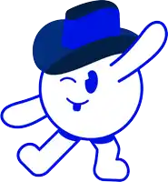 a blue and white cartoon character wearing a hat