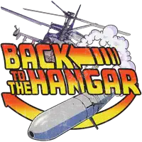 a logo for back to the hangar with a helicopter and a bomb