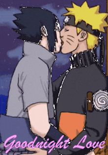 a cartoon of sasuke and naruto kissing with the words goodnight love written below them