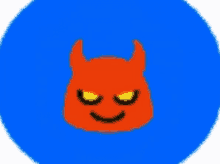 a blue circle with an orange devil face with horns on it